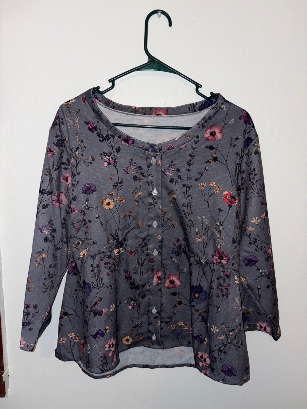 Floral Button-Front Women's Top - Gray with Pink & Purple Flowers